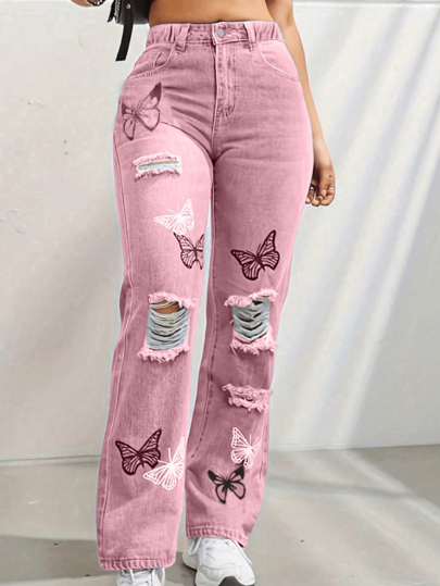 Tween Girl Butterfly Print Distressed Straight Leg Casual Jeans