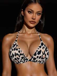 Swim SXY Women's Leopard Print Halter Neck Tie Bikini Top For Sexy Beach Vacation Summer - Multicolor - View 1
