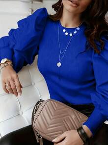 Crew Neck Fitted Gigot Sleeve Splice Women Clothing Spring - Royal Blue - View 3