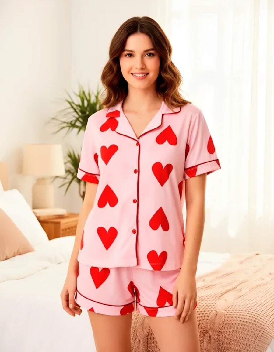 American Adult Women's Pajamas With Buttons Open Short Doll Blogger Short Premium Mesh Breastfeeding Shirt With Collar - Hồng - Xem 1