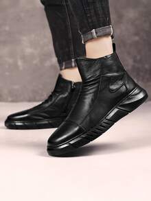 Botines de hombre antideslizantes y amortiguadores de otoño,Botas de hombre con cremallera lateral de cuero negro brillante ,High-top botas antideslizantes resistente al desgaste, cómodo casual transpirable suela gruesa botas de los hombres, de interior y al aire libre cuatro estaciones se puede usar Botas de hombre - Negro - Ver 2