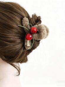 1 pieza Clip de pelo de mujer con cereza de peluche, clip de pelo lindo, clip de pelo con lazo de cereza dulce, clip versátil para recogido, accesorio de invierno para el cabello