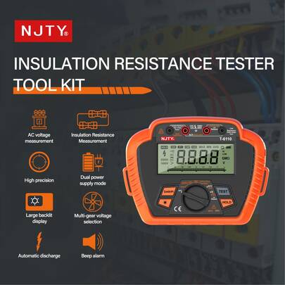  1 Pc NJTY T-6110 T-6125 Insulation Resistance Tester Digital Megohmmeter, Max Range 200GΩ, DAR PI, Data Hold, Electrical Instrument, Voltmeter