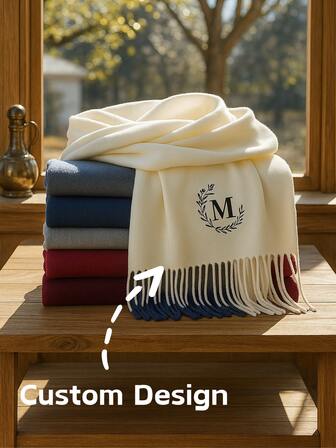 1 pièce Foulard personnalisé avec broderie d'initiale pour femmes, châle d'hiver doux comme du cachemire. Design élégant de couleur unie avec franges. Cadeau chaleureux pour Noël, Halloween, mariage