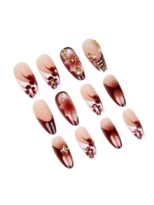 Sanrio Mejora instantáneamente tu apariencia con este juego completo de 24 uñas postizas de almendra de tamaño mediano. Combina un estilo vintage, elegante, hermoso, moderno, casual y fresco, con una variedad de diseños exquisitos: patrones de flores punteadas en degradado burdeos y blanco en 3D, decoraciones con cuentas doradas, rhinestones y perlas falsas.