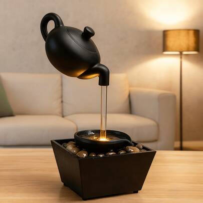 Zen Teapot Water Fountain Lamp, Modern Quiet Relaxation Ornaments, Minimalist Home Decoration With Pebble Landscape, Relaxing And Healing Home Desktop Decoration, With LED Light Warm Gift
