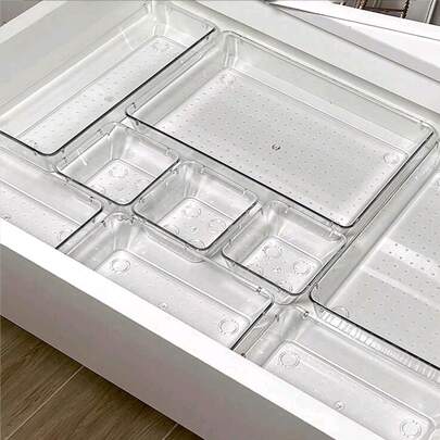 4件/7件/13件/25件装塑料浴室化妆品收纳盒家用透明抽屉收纳盒套装多功能浴室卧室客厅桌面收纳盒透明PS材质抽屉隔板收纳盒可自由组合