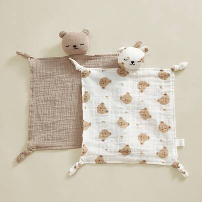 2 chiếc khăn lau miệng cho bé hình gấu hoạt hình, mềm mại và thoáng khí, làm từ chất liệu cotton đạt chứng nhận Oeko-Tex, đa năng.