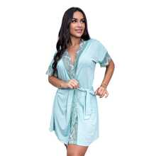 Robe Feminino Plus Size Microfibra Com Renda Luxo Hobby Roupão Sexy Roupa de Dormir com Cinto Lingerie para Noite Especial Manga Curta - Verde Menta - Visão 2