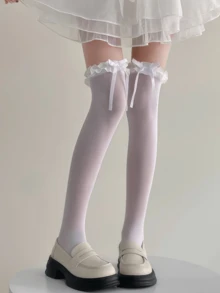 1 Pair Women's Lace Trim Thigh High Socks, Long Tube Stockings, Anime Maid Cosplay Socks For Women, Y2k White Bow Lace Trim Cute Thigh High Socks, Lolita Style Over-The-Knee Lace Socks, Versatile For Daily Wear, All Seasons