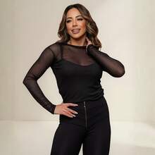 Women's Tulle Blouse With Long Sleeves And Versatile See-Through - Black - View 1