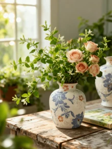 1 pieza Jarrón de cerámica vintage azul y blanco pintado a mano - Decorado con un patrón floral de cabaña rural, adecuado para arreglos florales, perfecto como acento para la decoración del hogar en estilo bohemio. Ideal para exhibiciones florales en la sala de estar, mesa de comedor, estudio, oficina, alféizar de la ventana, bodas y talla grande. - multicolor - Ver 6