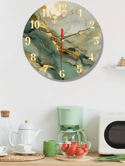 Pc 10 Inch/12 Inch Silent Non Ticking Wooden Wand Clock, Round Abstract Marble Texture Goud ation, Battery Operated (AA Batteries Not Included), Dining Room, Hallway, Study, Home Office, Balcony Klok Living Room view 4