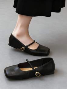 Women's Square Toe Mary Jane Black Retro Flat Shoes, Comfortable Strap Breathable Flat Shoes With Cold Glue Craft