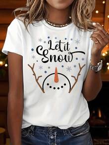 Camiseta gráfica de Navidad para mujer "Let It Snow" - Diseño festivo de copos de nieve y árbol, top casual de manga corta y cuello redondo para verano y primavera, con marrón y detalles, camisetas de Navidad - blanco - Ver 1