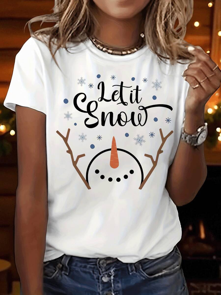 Camiseta gráfica de Navidad para mujer "Let It Snow" - Diseño festivo de copos de nieve y árbol, top casual de manga corta y cuello redondo para verano y primavera, con marrón y detalles, camisetas de Navidad - blanco - Ver 1