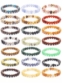 1pc 6mm, 8mm, 10mm Natural Stone Beaded Bracelet, Agate, Sparkling Stone, African Turquoise, Etc. Healing Stone Bracelet, Layerable Boho Style Fashion Jewelry For Women