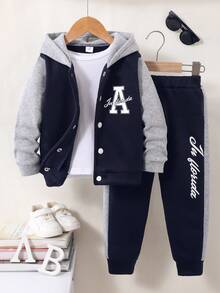Young Boy 2pcs Casual & Comfortable Sporty Letter "A" Print Button Contrast Color Sweatshirt & Patchwork Pants Outfit Set, Autumn/Winter