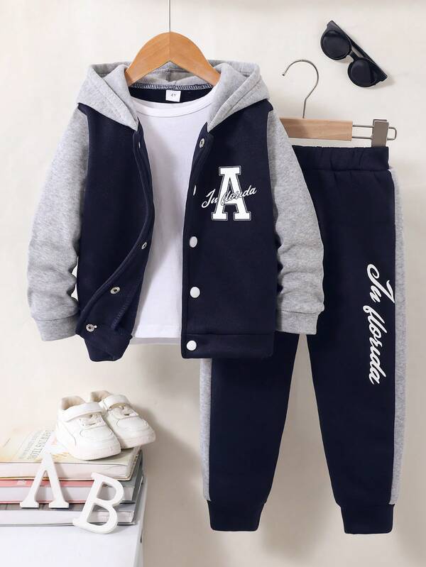 Young Boy 2pcs Casual & Comfortable Sporty Letter "A" Print Button Contrast Color Sweatshirt & Patchwork Pants Outfit Set, Autumn/Winter