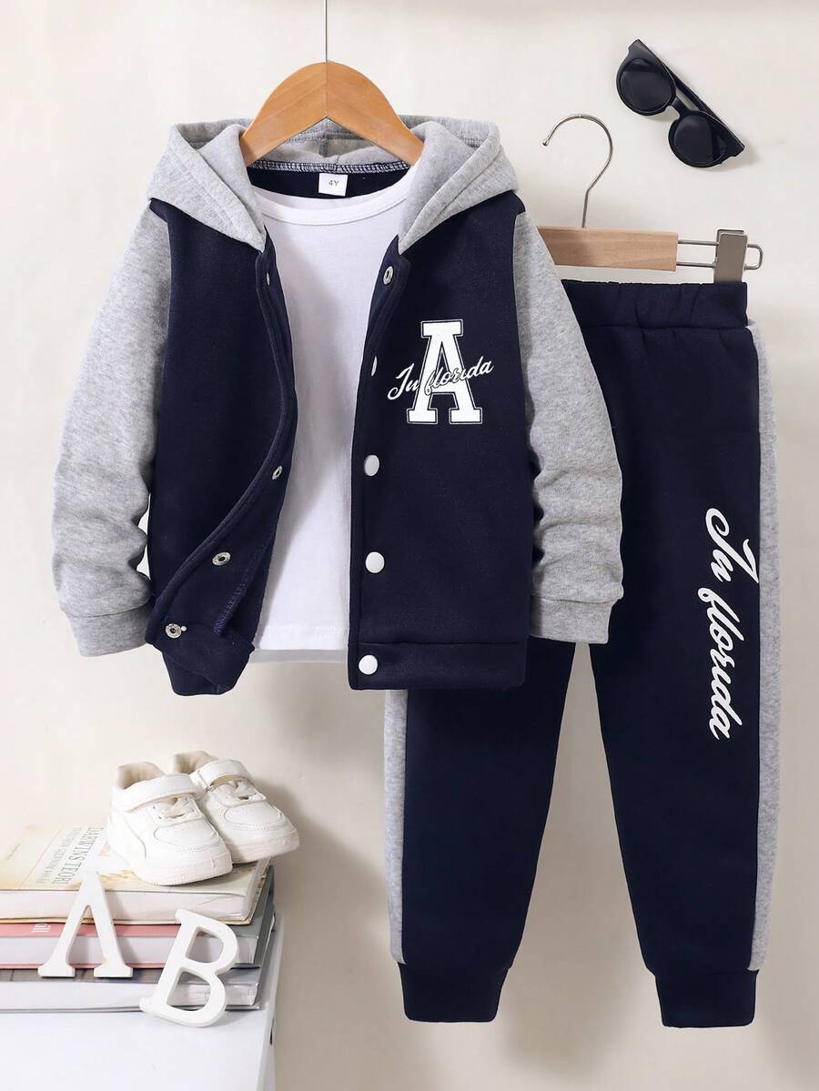 Young Boy 2pcs Casual & Comfortable Sporty Letter "A" Print Button Contrast Color Sweatshirt & Patchwork Pants Outfit Set, Autumn/Winter