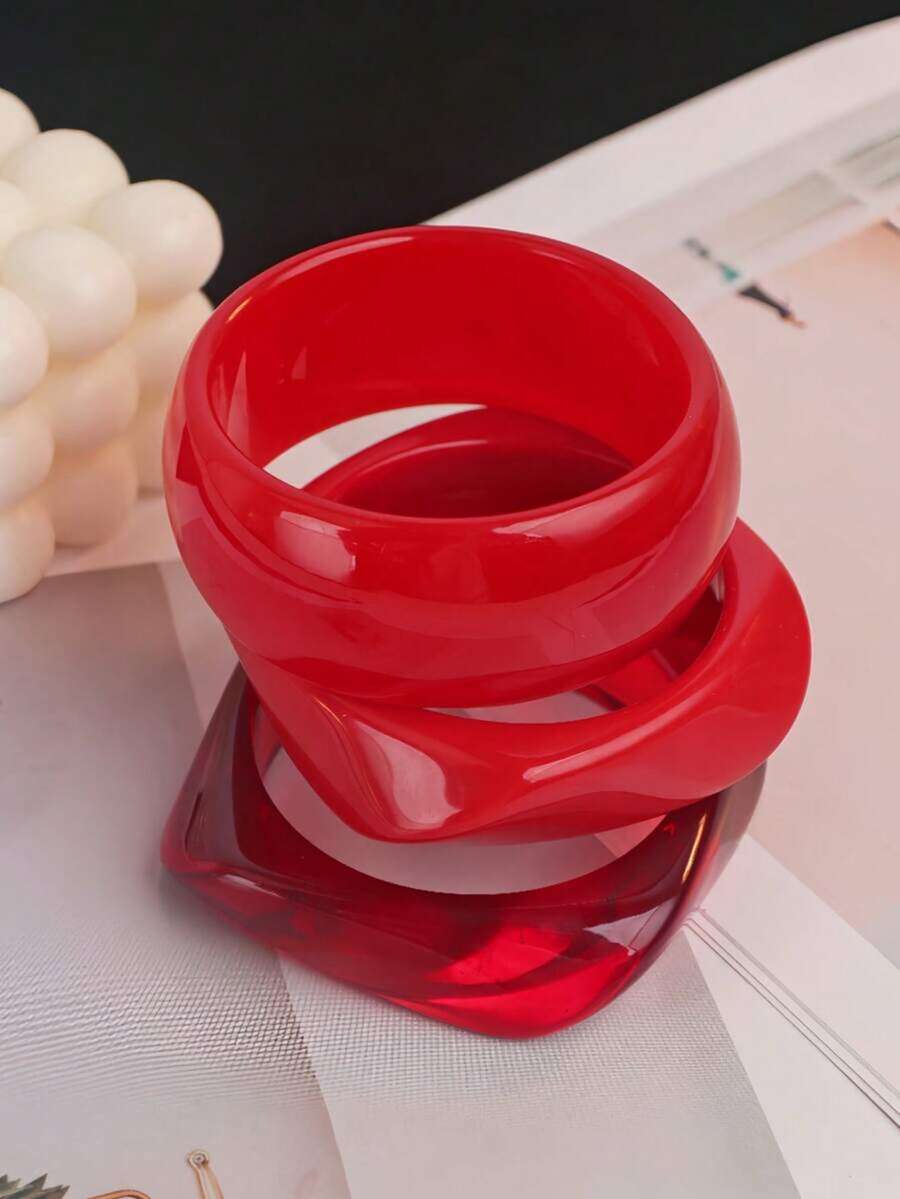 3pcs Red Semi-Transparent Acrylic Bracelet Set, Suitable For Daily Wear And Vacation - Red - View 1