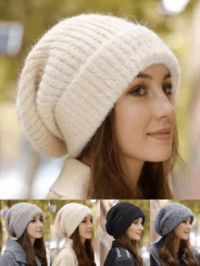 1[Knitted Hat]Winter Long Wool Hat, Large Loose Wool Hat, Knitted Hat, Women's Pullover Hat, Cold-Proof Earmuffs - Light Beige - View 15