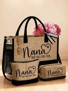 3-Piece Linen Tote Bag Set, Featuring Nana Love Letter Pattern, Fashion Handbag, Wallet, Portable Casual Storage Tote Bag, Large Capacity Tote, Multifunctional Shoulder Bag, Handbag, Fashionable Travel Storage Bag, Hygiene Bag, Perfect For Holiday, Birthday, Valentine's Day, Autumn/Winter Gifts - Multicolor - View 3
