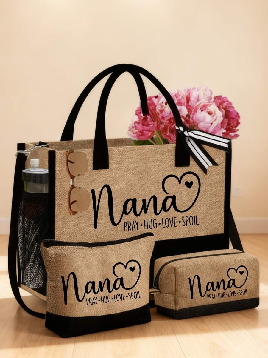 三件套亚麻手提包，饰有Nana Love Letter图案，时尚手提包，钱包，便携休闲收纳包，大容量手提包，多功能单肩包，手提包，时尚旅行收纳包，卫生袋，是节日、生日、情人节、秋冬季送礼的完美之选。