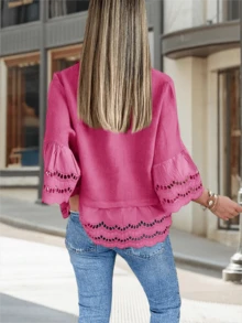 Women's Casual 3/4 Bell Sleeve Blouse Button Down Eyelet Detail Ruffle Hem Shirt - Màu Hồng Tươi - Xem 4