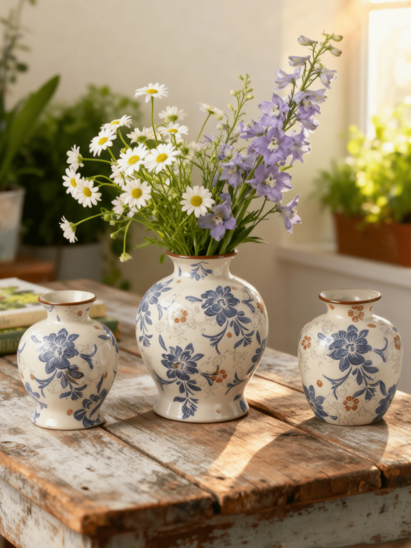 1Pc Hand-Painted Vintage Blue & White Porcelain Ceramic Vase -Decorated With Rustic Farmhouse-Style Green Vines Ivy Motifs,Decorative Vases For Flowers, Perfect As A Bohemian Home Accent . Ideal As A Floral Centerpiece For Living Rooms, Dining Tables, Studies, Offices, Windowsills, Weddings, Churches