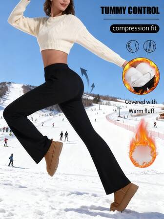 Dambyxor med hög midja och värme i benen – 4-vägs stretch med magkontroll, mjuk stretchig midja och muddöppning för gym, promenader, lättare träning – Eleganta vinterbyxor för kallt väder (svart) – Fleecefodrade termobyxor för höst och vinter, handtvätt eller kemtvätt, enfärgad design, åtsittande passform för vardags- och formellt bruk, perfekt för träning och vardagsbruk, vinterleggings för kvinnor, varma, mjuka leggings för kvinnor.