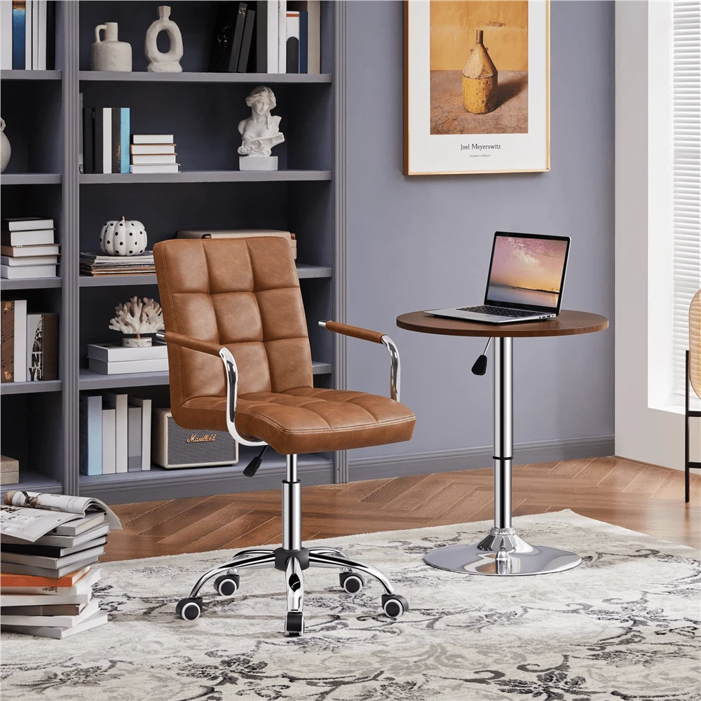Butterslay 1PC Mid-Back PU Leather Office Desk Vanity Chair 360° Swivel Rolling Height Adjustable Armrests Lumbar Support Large Seat For Home Office Bedroom, Black/White/Pink/Brown/Retro Brown - 棕色 - 查看 1