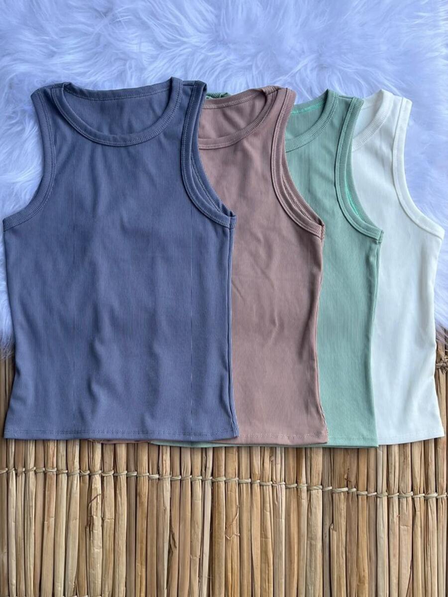 Kit 4 Women's Plain Ribbed Tank Top Basic Blouse Casual Sleeveless T-Shirt - 灰色\米色\綠色\關閉 - 查看 1