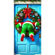 Festive Green Creature With Santa Costume & Christmas Wreath Door Cover - 35.4x70.8in, Funny Holiday Decor For Entryway And Room, Christmas Decor