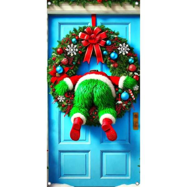 Festive Green Creature With Santa Costume & Christmas Wreath Door Cover - 35.4x70.8in, Funny Holiday Decor For Entryway And Room, Christmas Decor