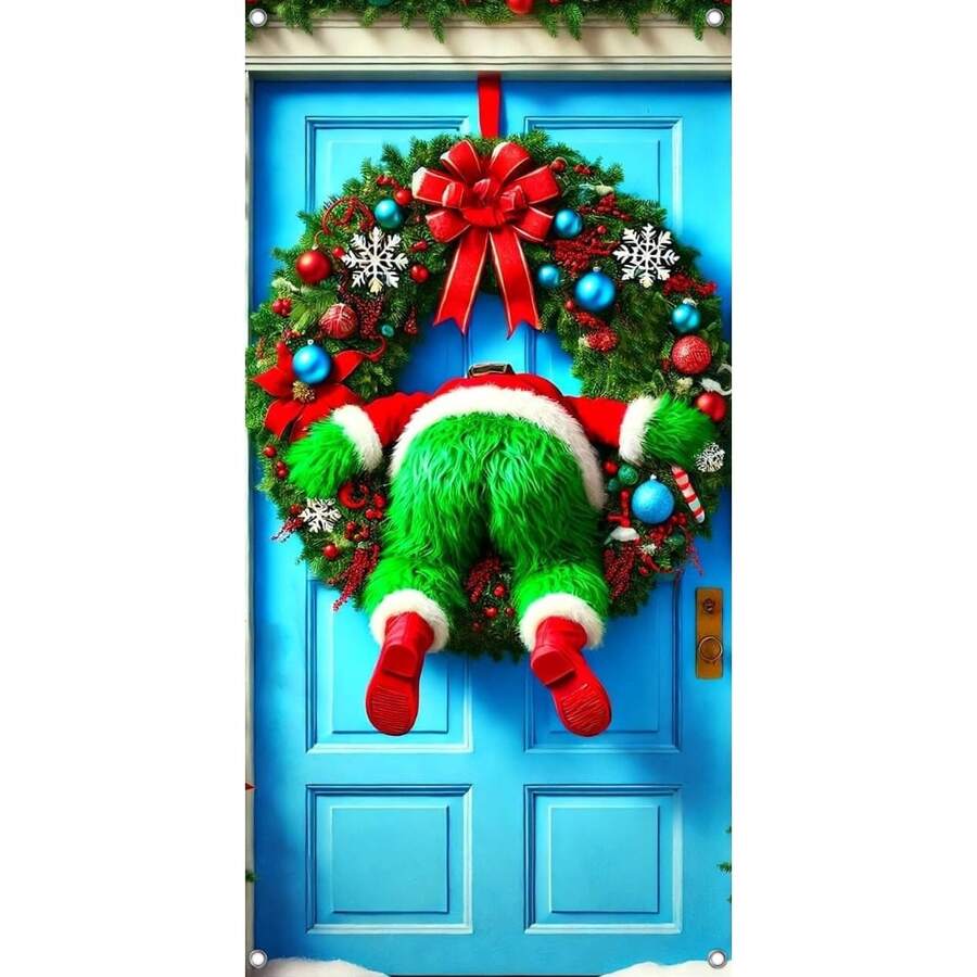 Festive Green Creature With Santa Costume & Christmas Wreath Door Cover - 35.4x70.8in, Funny Holiday Decor For Entryway And Room, Christmas Decor