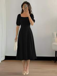 Milimetrica Elegant Loose Pregnancy Women's Midi Dress With Evangelical Princess Sleeves Congregate - 黑色 - 查看 1