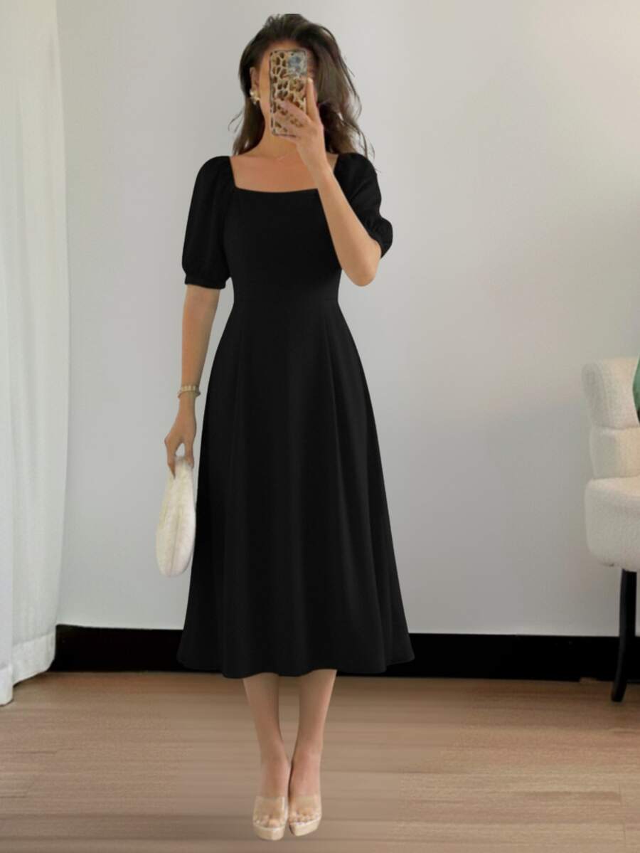 Milimetrica Elegant Loose Pregnancy Women's Midi Dress With Evangelical Princess Sleeves Congregate - 黑色 - 查看 1