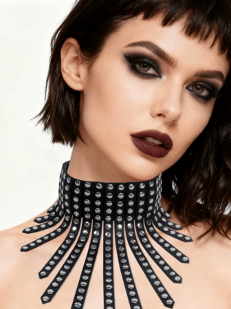 Harajuku Punk Style Leather Collar With Punk Rivets, Unique Round Pendant Necklace, Short Choker Necklace