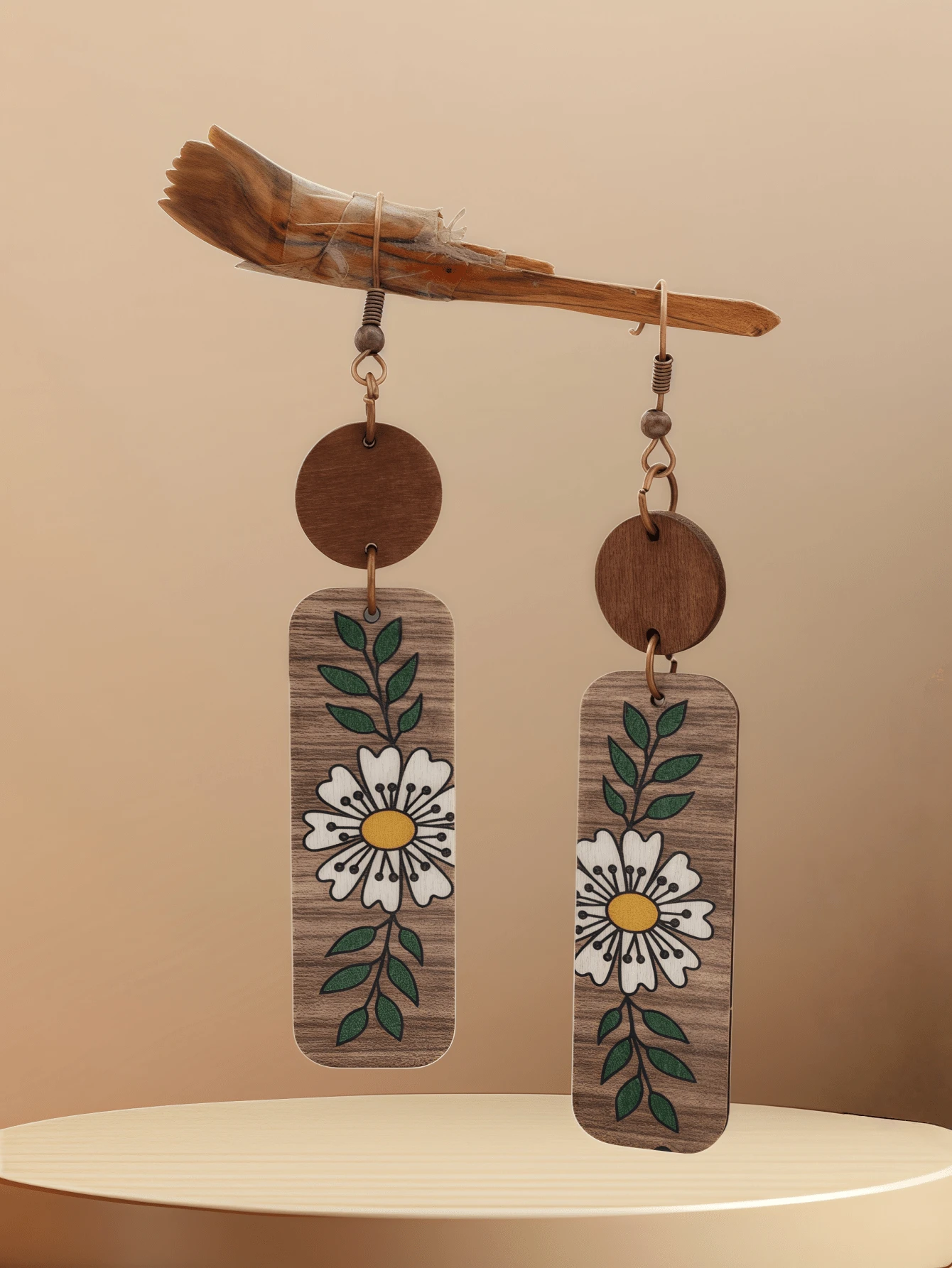 1 Pair Vintage Bohemian 3D Floral Printed Wooden Disc Dangle Earrings
