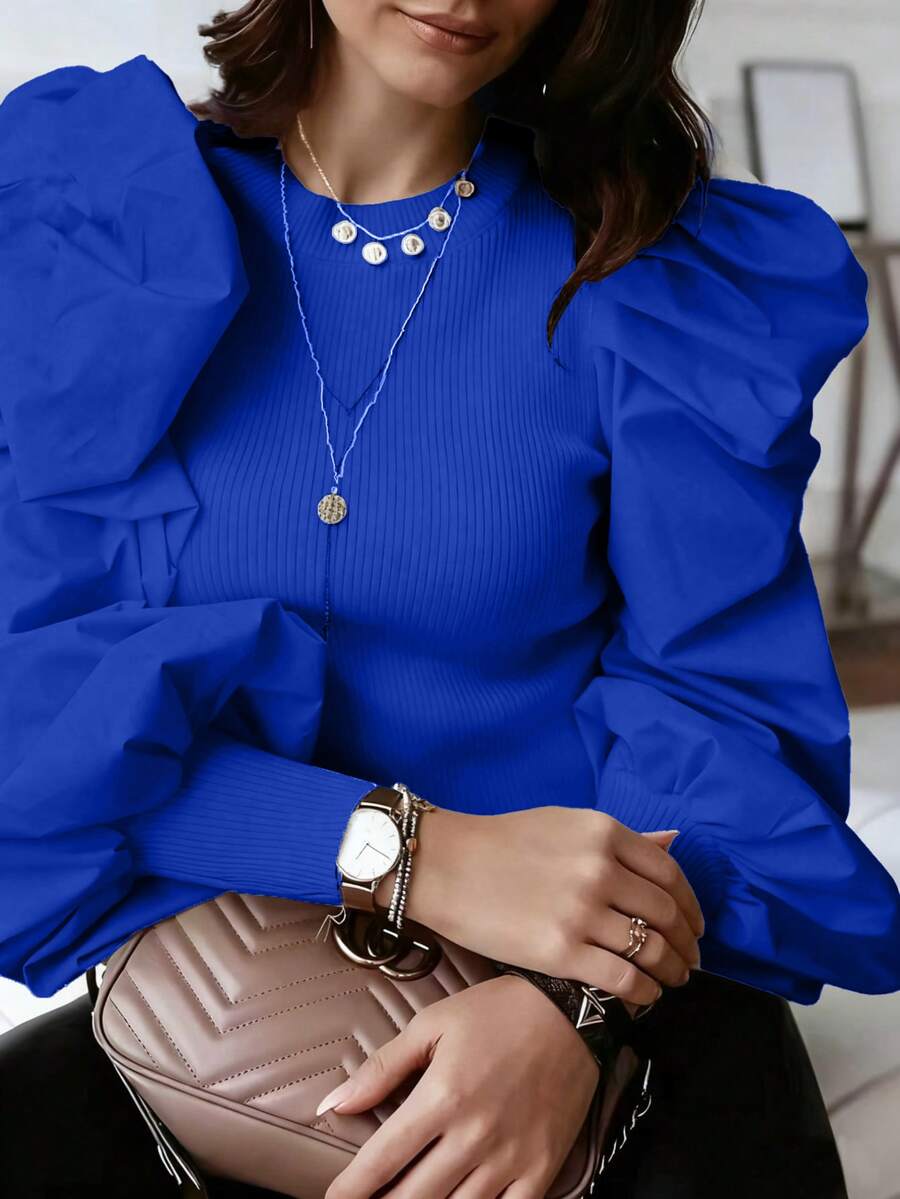 Crew Neck Fitted Gigot Sleeve Splice Women Clothing Spring - Royal Blue - View 1