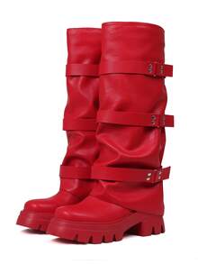 Punk Women's Combat Boots Knee High Round Toe Straps Pull On Wide Calf Pleated Loose Thick Sole Motorcycle Boots Outdoors Cosplay Dressy Slouchy Long Boots - Đỏ - Xem 9