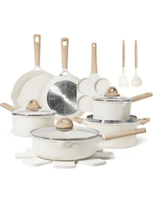 Non Stick Ceramic Cookware Set, Healthy Pot And Flat Bottomed Pot Set, Kitchen Cooking Set, With A Cool Handle To Keep It Cool, Ceramic Non Stick Stew Pot With Lid, White Granite Coating, Free Of PFOS/PFAS