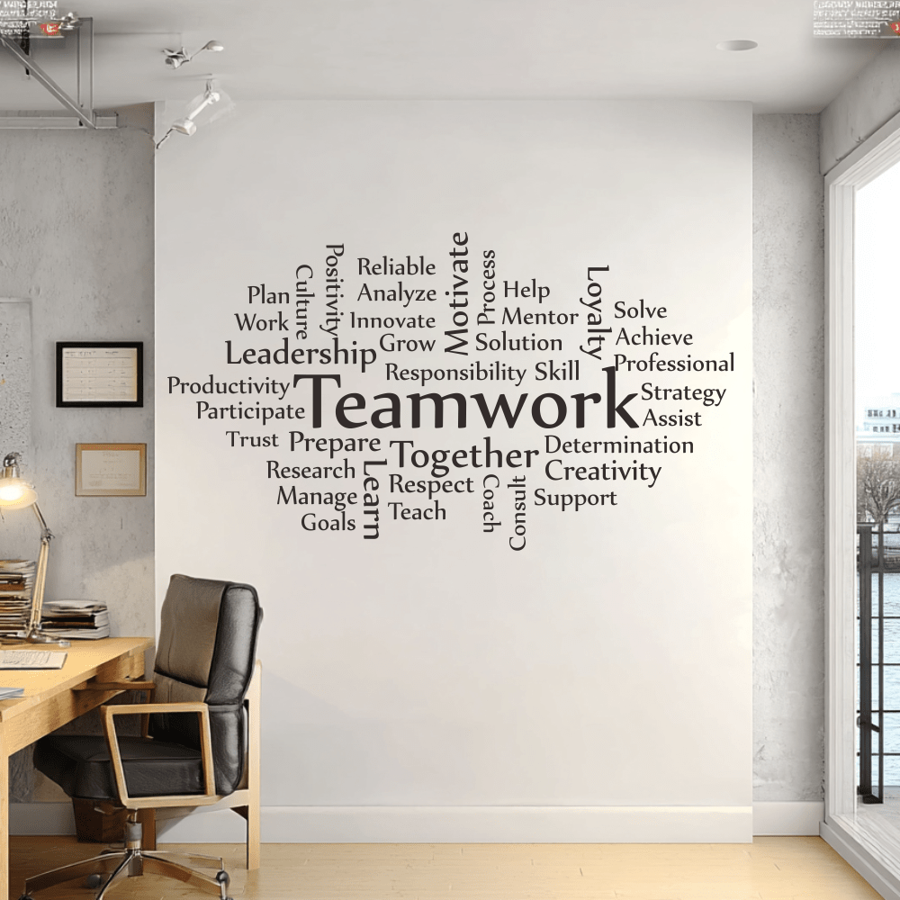 Teamwork Wall Decal & Office Wall Sticker - Large Motivational/Inspirational Wall Art For Conference Rooms, Meeting Rooms, Open Plan Offices, Startups, Coworking Spaces & Home Office | Team Building, Leadership, Collaboration, Creativity, Productivity, Trust, Responsibility, Goals, Strategy & Motivation Keywords | Removable Vinyl, Durable, Easy-Apply Corporate/HR/Training Decor | Customizable & Modern