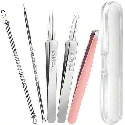 3/5pcs Teenitor Pimple Popper Tool Kit And Blackhead Remover Tools, Ingrown Hair Tweezers, Professional Blackhead Extractor ,Perfect For Eyebrow Hair Removal Splinter Very Effortless And Relaxed To Remove