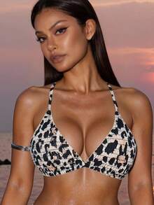 Swim SXY Women's Leopard Print Halter Neck Tie Bikini Top For Sexy Beach Vacation Summer - Multicolor - View 5