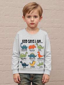 Sudadera de otoño para niño pequeño con estampado de dinosaurio y letras, manga larga, cuello redondo, blusa holgada - Gris - Ver 5