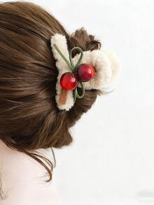 1 pieza Clip de pelo de mujer con cereza de peluche, clip de pelo lindo, clip de pelo con lazo de cereza dulce, clip versátil para recogido, accesorio de invierno para el cabello