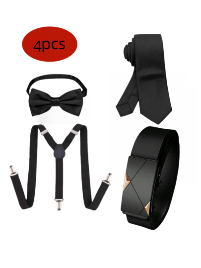 4-Piece 2025 Combination Men's Fashion Alloy Automatic Buckle Belts, Ties, Suspenders, Bow Ties, Simple, Elegant, Personalized And Full Of Business Style. They Are An Excellent Gift Choice, Suitable For Business Events, Cocktail Parties, Holiday Parties, Daily Matching. One Step To Complete The Outfit, A Great Choice For Christmas Parties. Old Money Vintage Autumn/Fall Urban Outfit Classic Christmas Winter Fashion Daily Men Boyfriend Gift
