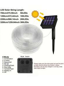 (50/100/200/300 LED) Đèn tuýp LED năng lượng mặt trời, Đèn tuýp nâng cấp, 8 chế độ với hiệu ứng nhấp nháy màu xanh, 300 đèn LED - Đèn tuýp LED năng lượng mặt trời 50 đèn LED | Đèn tuýp trong suốt - Nhiều màu - Xem 8